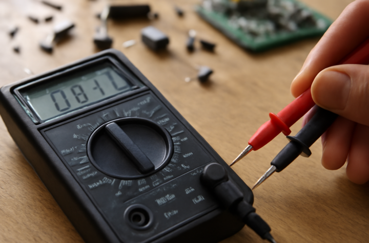 Multimeter digital sedang menguji dioda di meja kerja elektronika