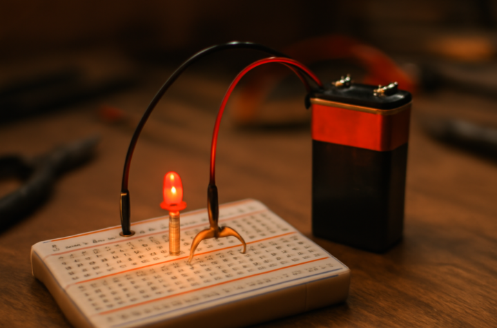 Rangkaian LED sederhana dengan breadboard, resistor, dan baterai 9V di meja kerja