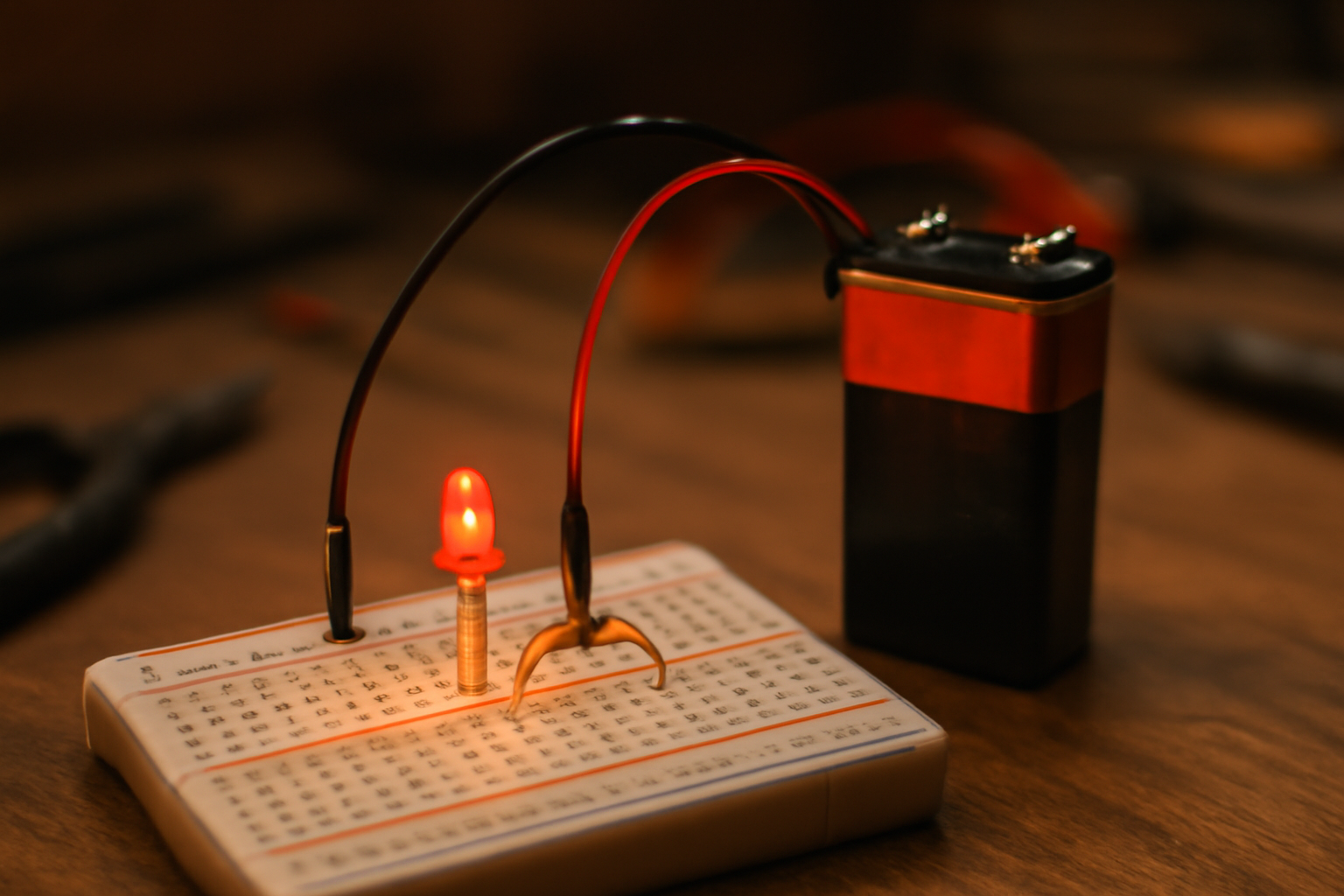 Rangkaian LED sederhana dengan breadboard, resistor, dan baterai 9V di meja kerja
