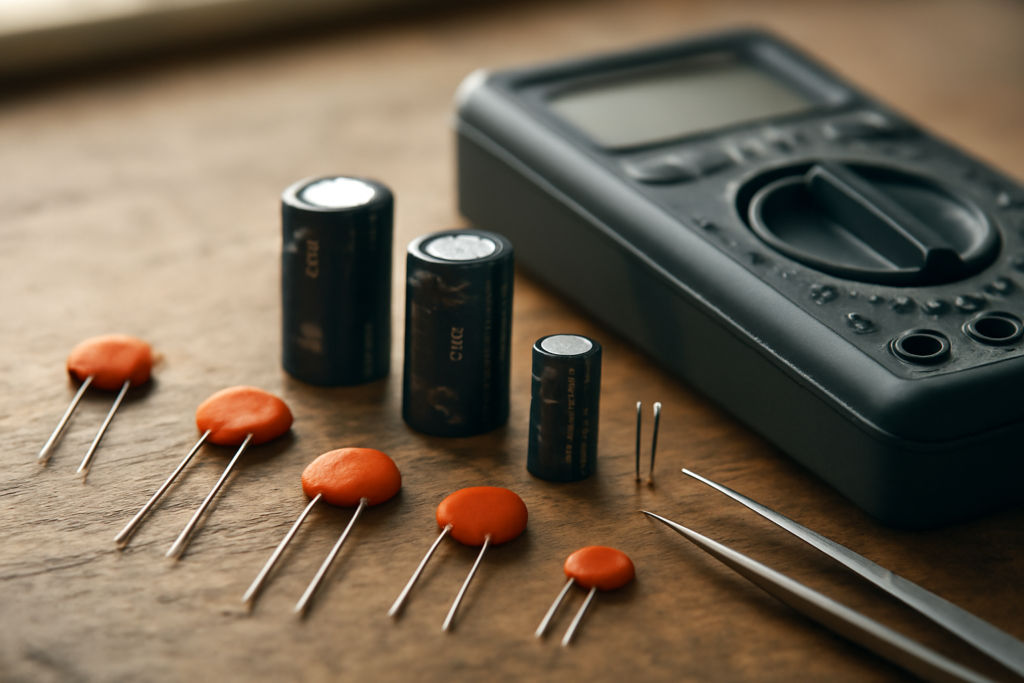 Berbagai jenis kapasitor keramik dan elektrolit di meja kerja bersama multimeter digital