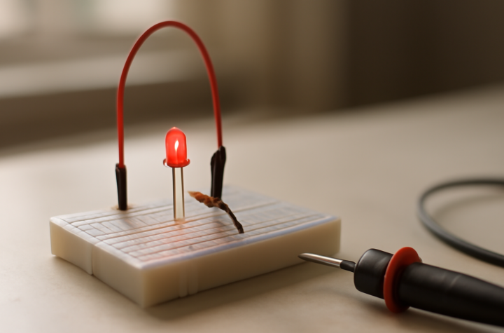 Rangkaian LED di breadboard dengan resistor pembatas arus dan multimeter