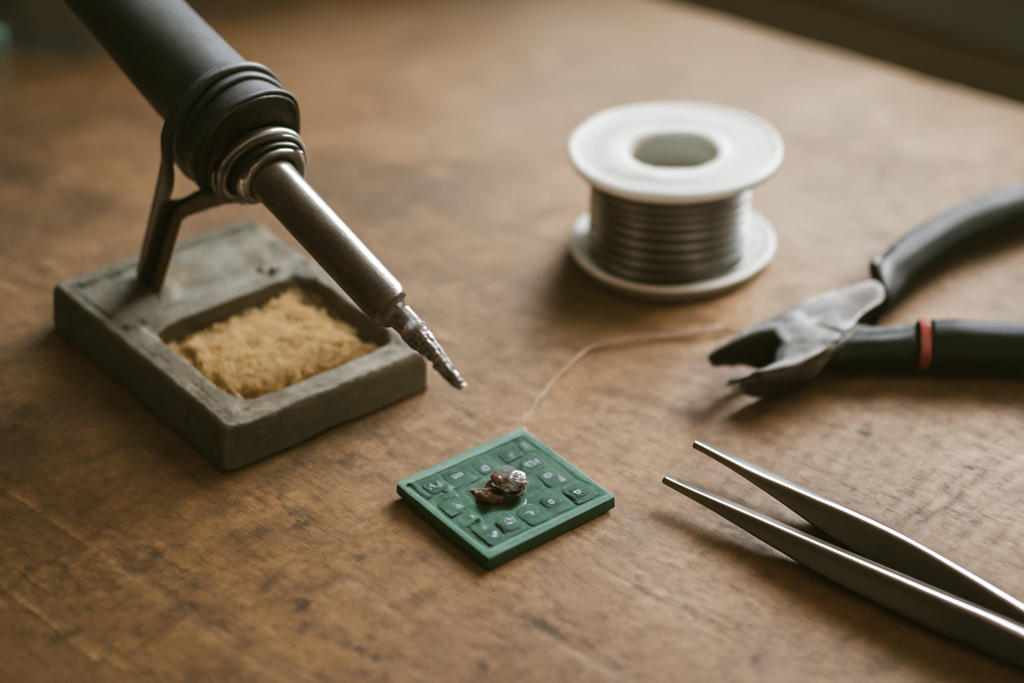 Meja kerja penyolderan dengan solder, timah, dan PCB yang baru disambung komponen resistor