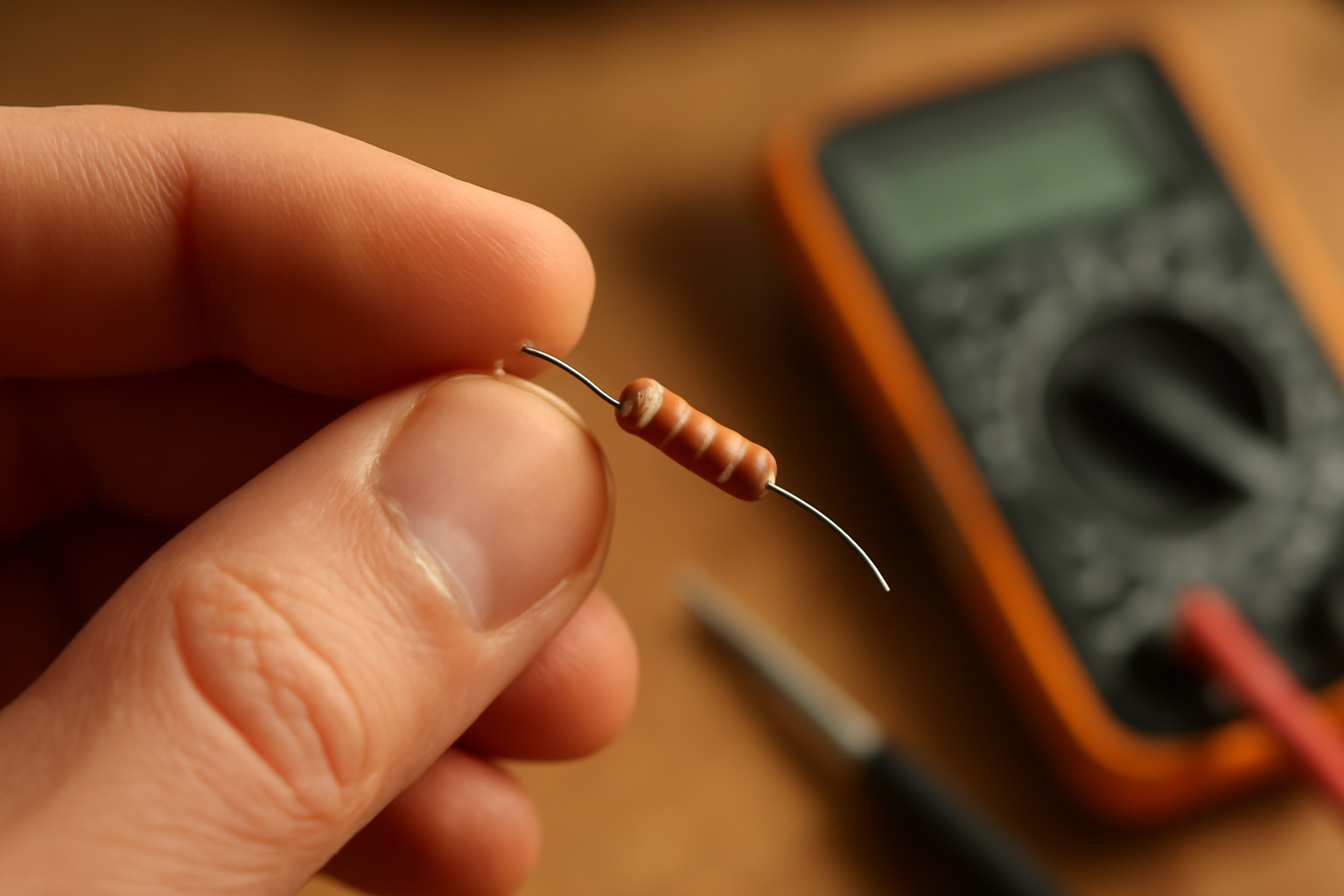 Tangan memegang resistor dengan gelang warna di atas meja kerja elektronik