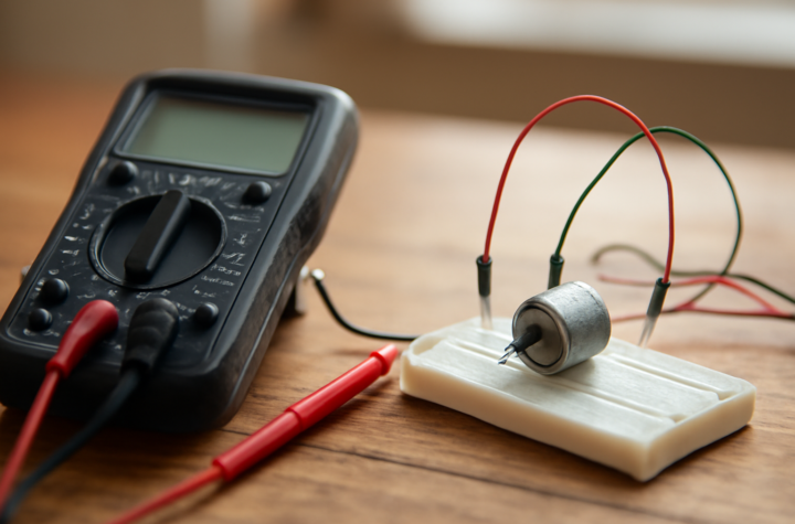 Multimeter digital dengan probe terpasang seri pada rangkaian elektronik di meja kerja